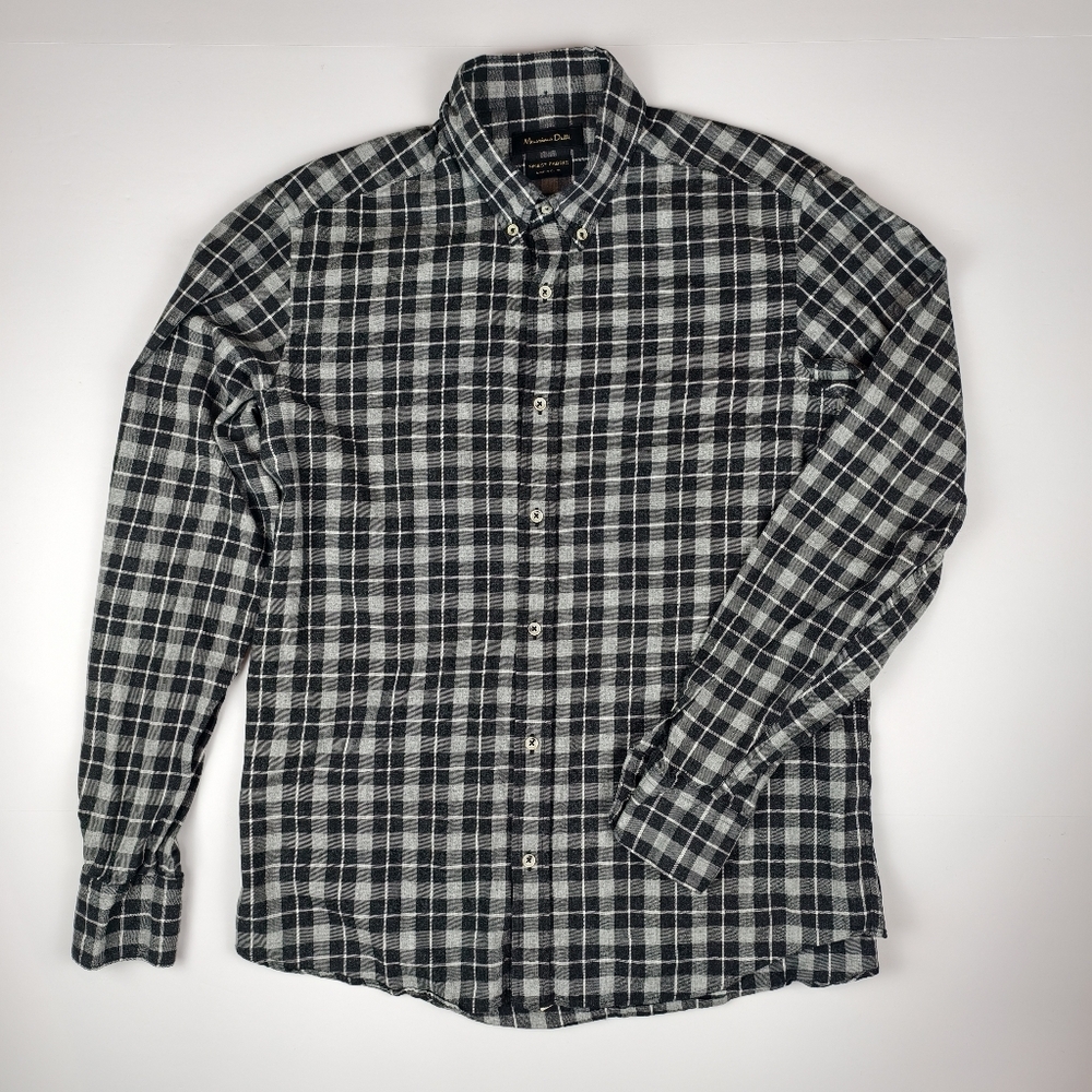 🍁Massimo Dutti Men’s Plaid Shirt Medium Black Gray Check Casual Workwear